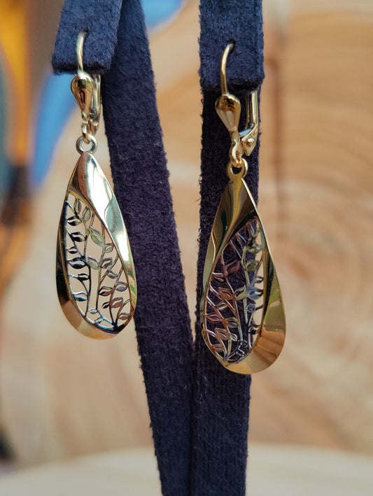 Solid Drop Dangly Earrings 9ct Yellow Gold Leverback Hallmarked Tree Pattern