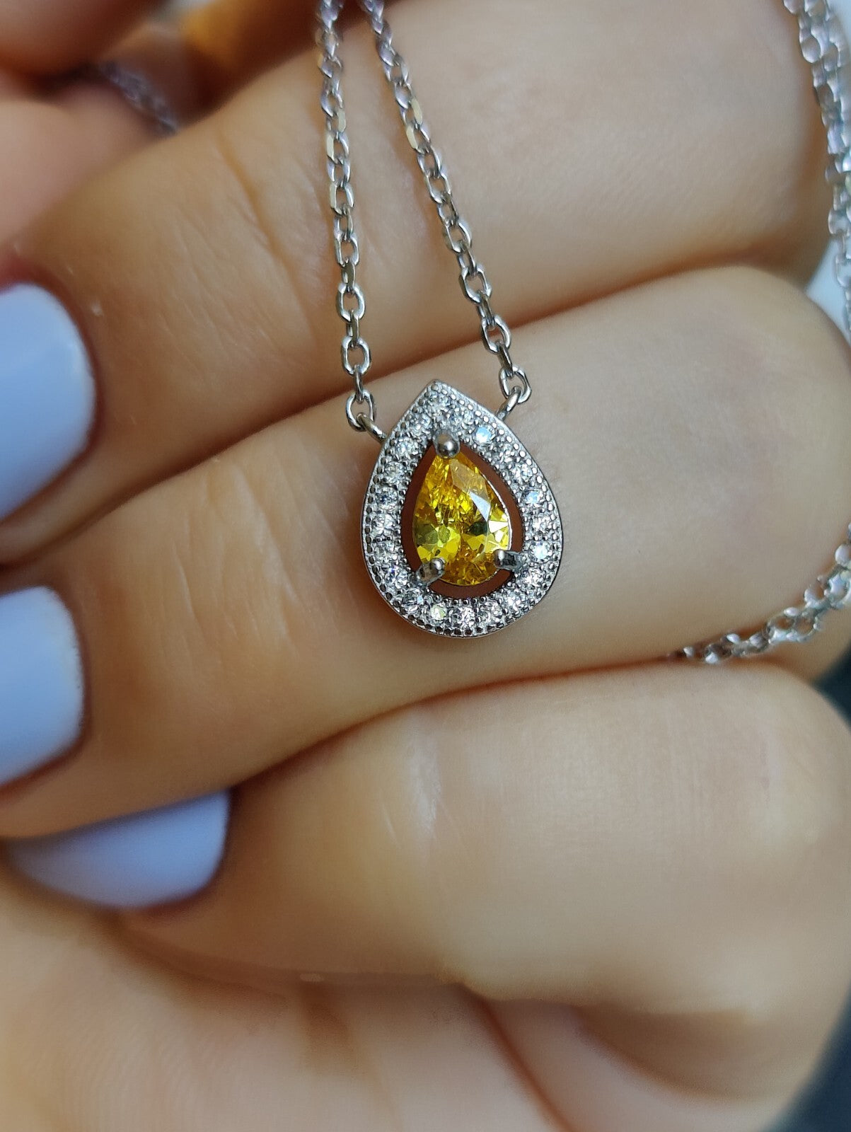 Beautiful Solid Silver Necklace with Yellow Pear CZ and White Halo, Hallmarked