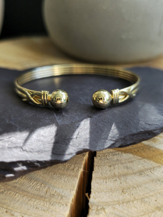 New Solid 9k Yellow Gold TORQUE BANGLE TORQ BALL Open Split BRACELET Patterned