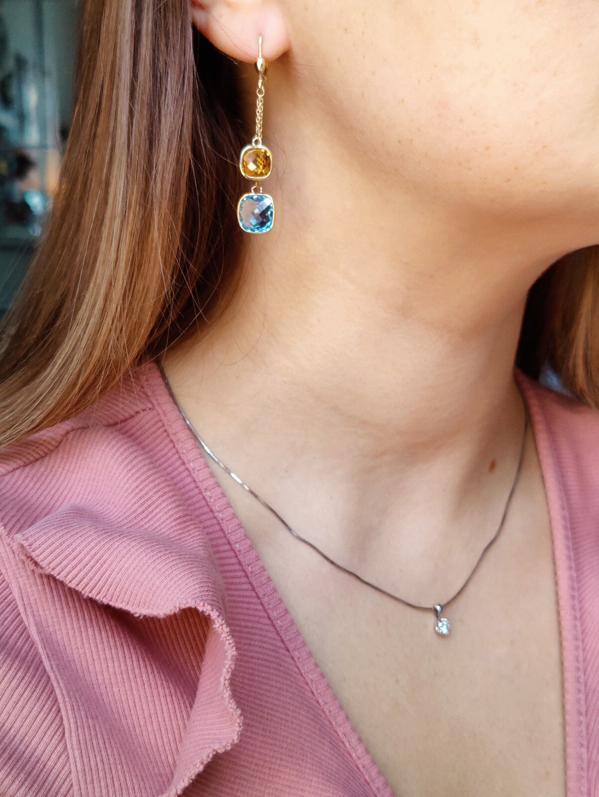 New 9ct Gold Drop Earrings 5grams Blue Topaz and Citrine Big Stones Hallmarked