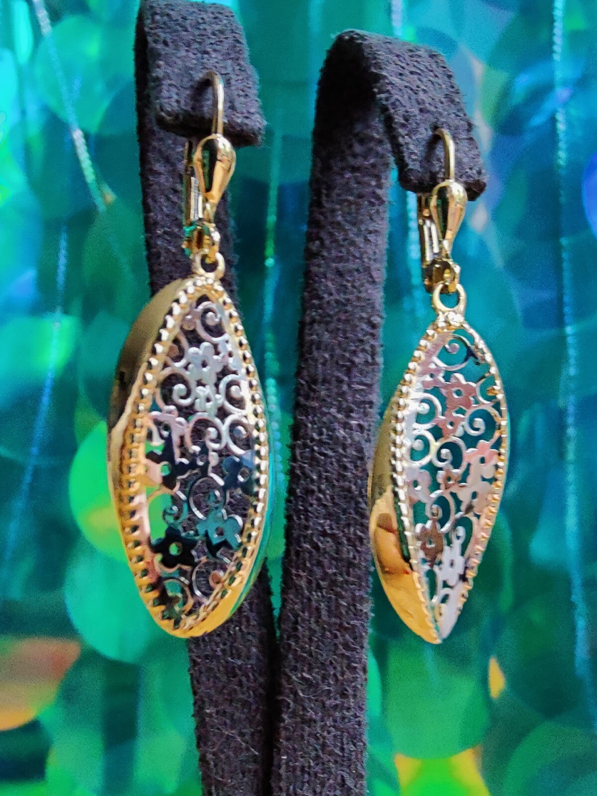 New Drop Earrings 9ct Yellow/White Gold Leverback Hallmarked Floral Pattern