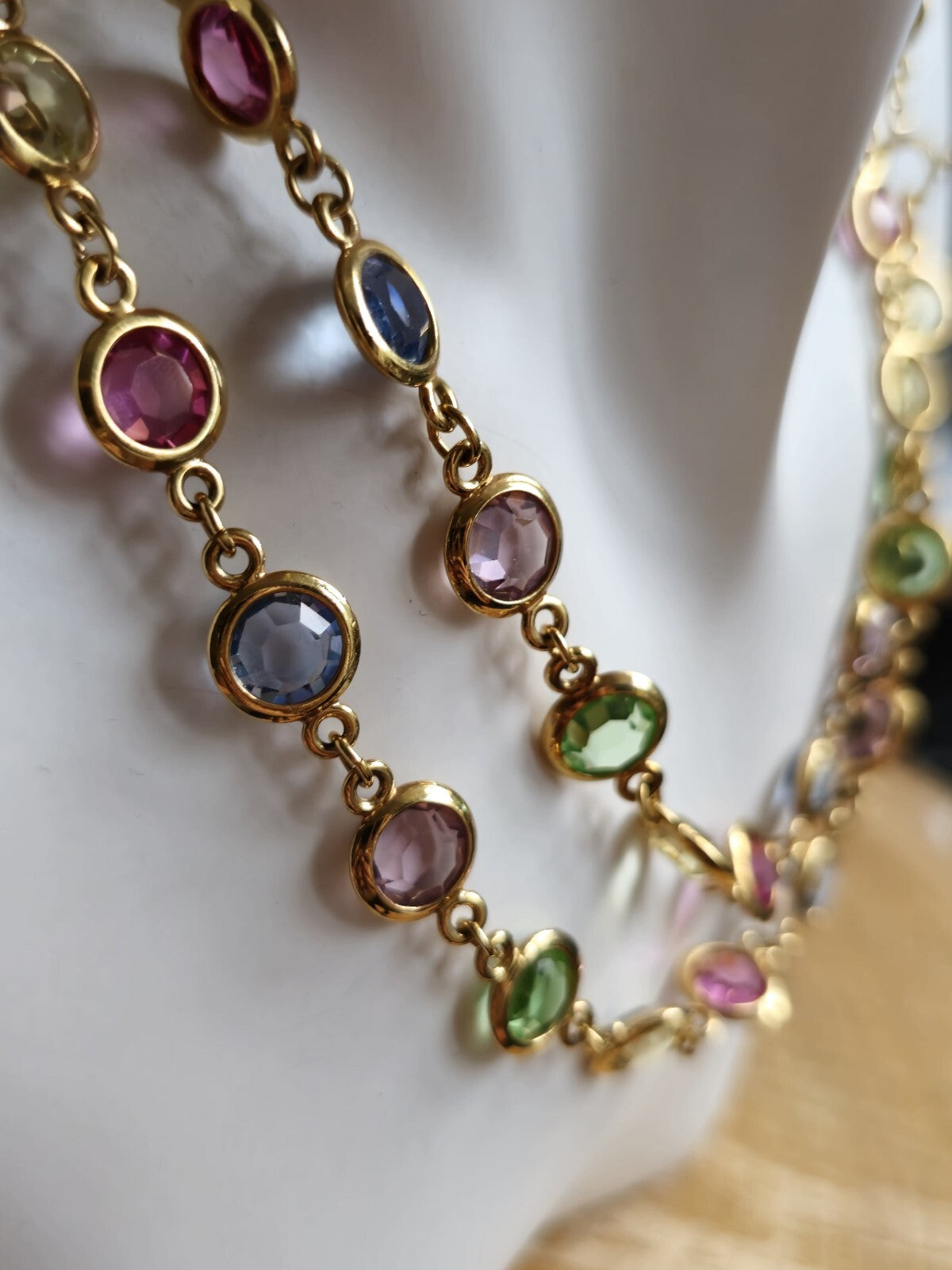 Lovely Gold Tone Bezel Set Austrian Crystal 31 Inch Necklace Multicolour
