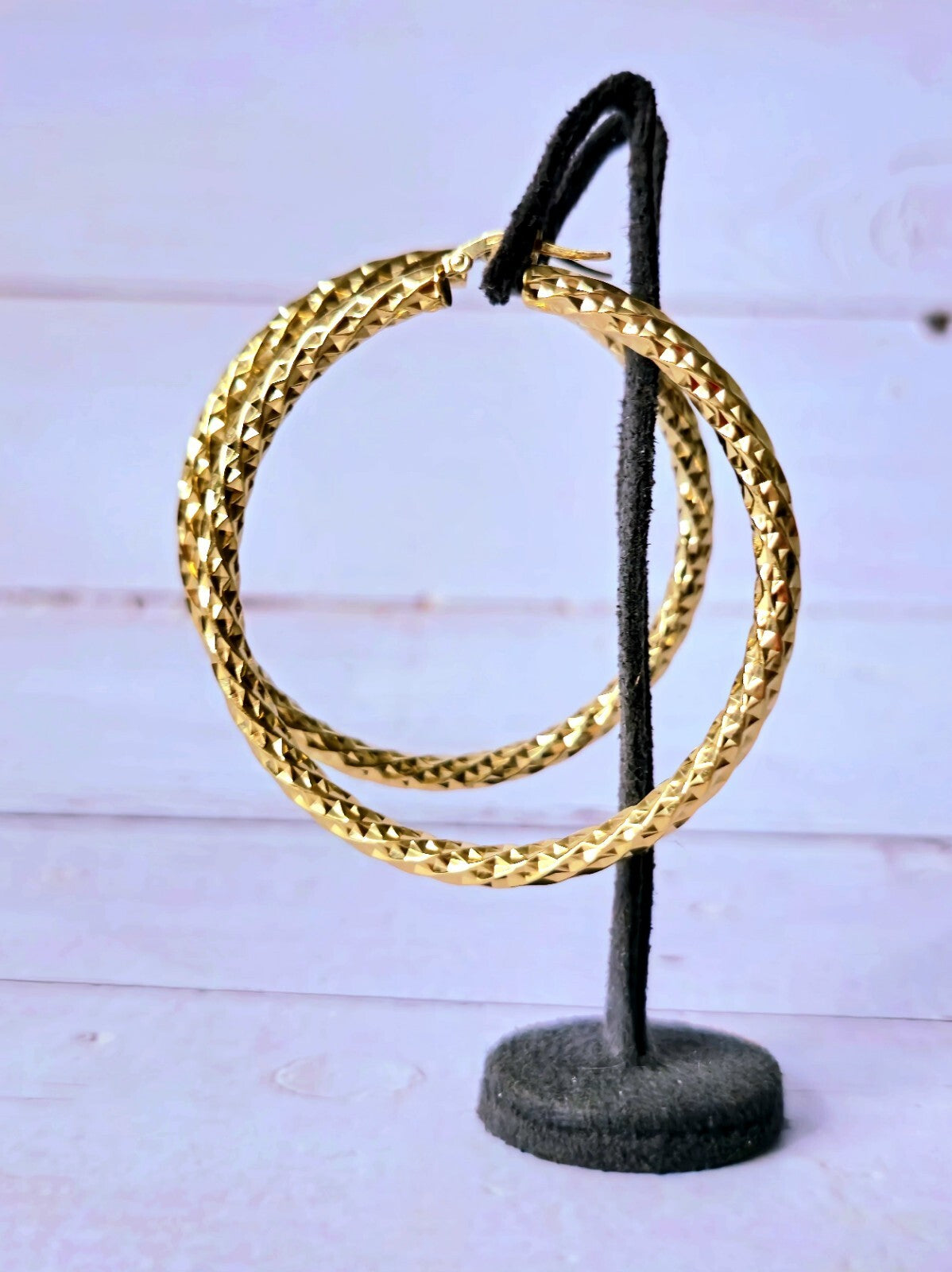 Big 9ct Yellow Gold Twisted Hoop Earrings Twist Hoops 57mm Diamond Cut Pattern