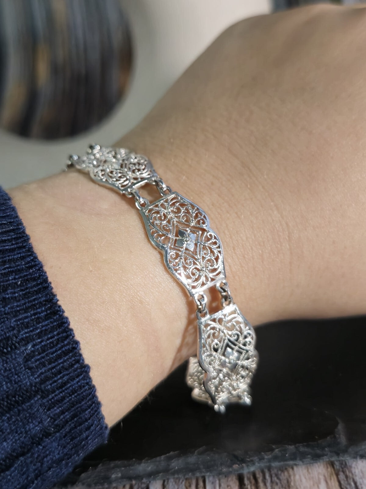 925 Sterling Silver Fancy Decor Bracelet Wide 14mm 7inch/18cm Hallmarked