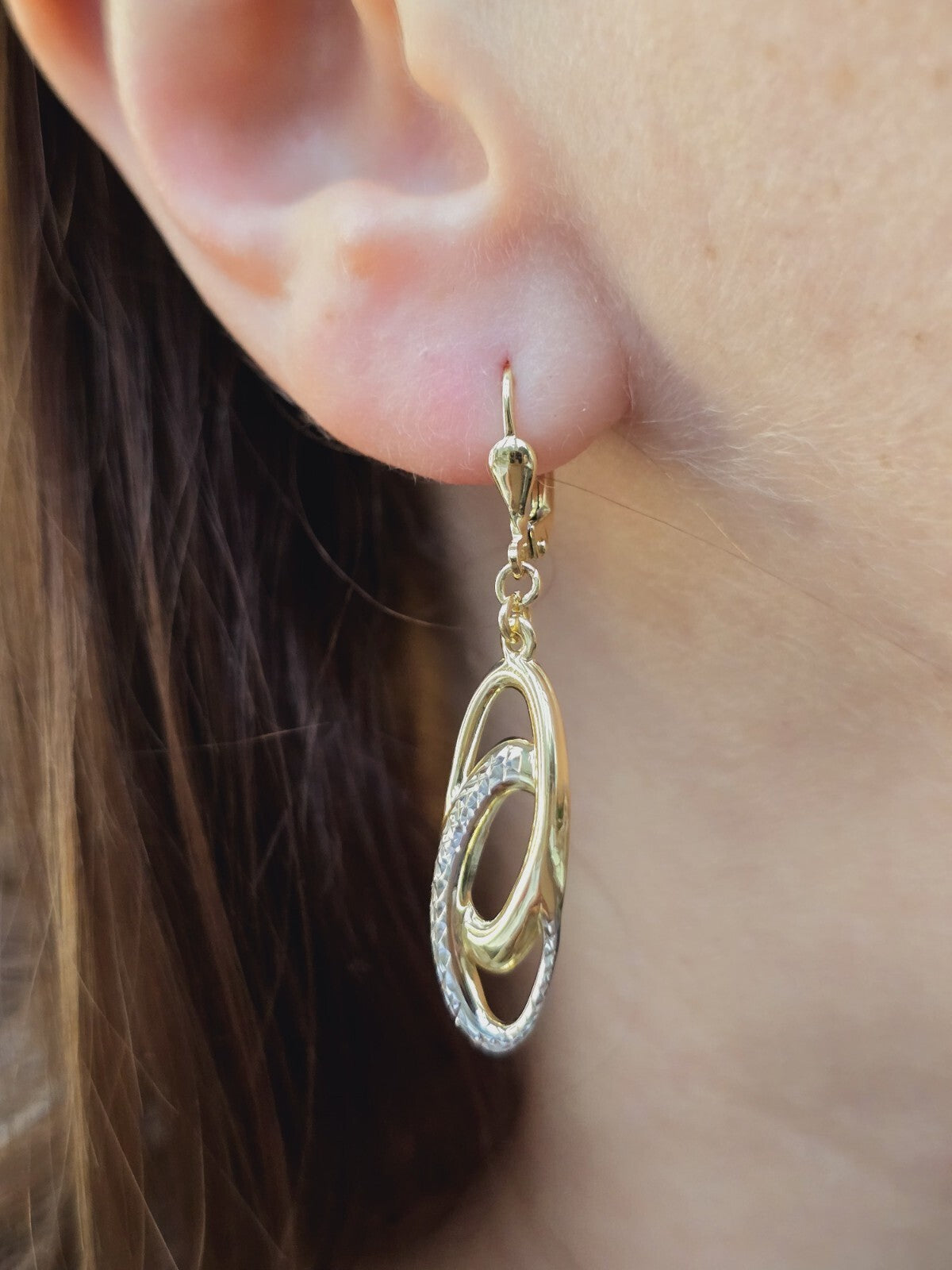 NEW 9ct Solid Yellow/White Gold Drop Dangling Earrings Leverclasp 40mm Long