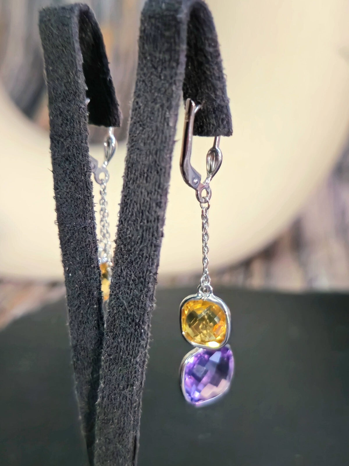 New 9ct White Gold Drop Earrings Amethyst and Citrine Big Stones Dangling Dress