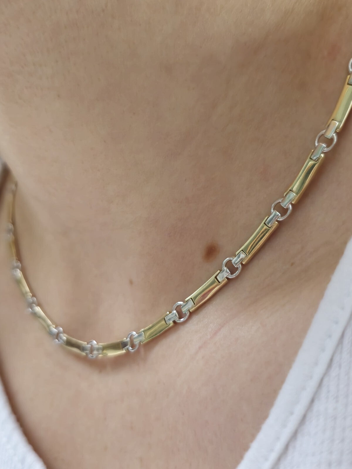New Solid Fancy 9ct Yellow/White Gold Necklace Collar Chocker Circles/Bars 20g