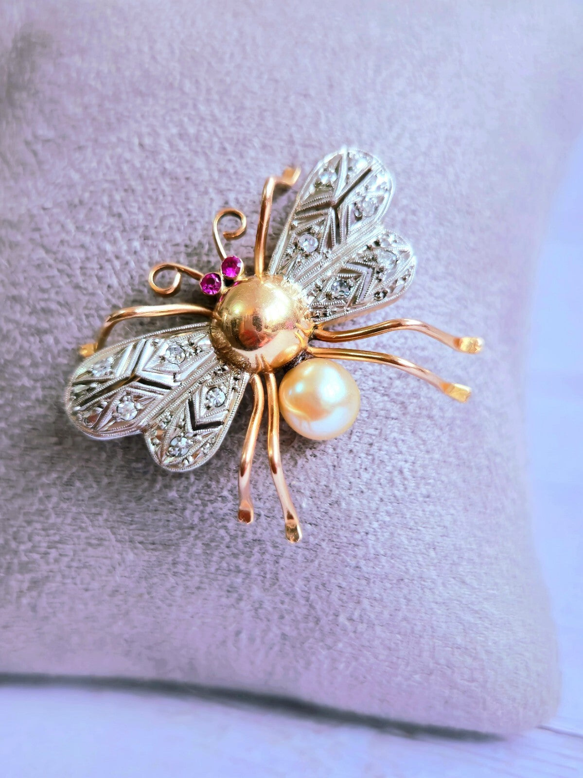 18K Rose Gold & Platinum Antique Victorian Diamonds Ruby & Pearl Bee Brooch Bug