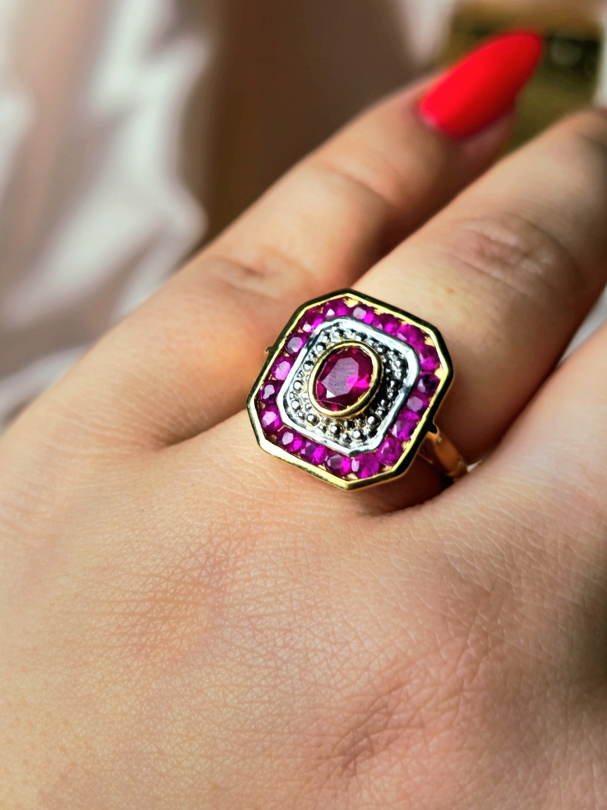 New 18ct Yellow Gold Coctail Square Ruby Ring with 1ct Oval Ruby