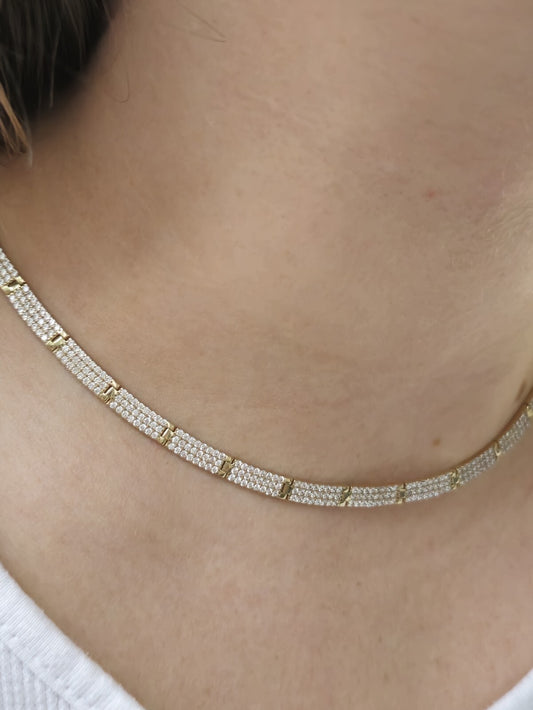 New Iced/Loaded Solid 9ct Yellow Gold Collar/Necklace 7.5inch C/Z Pave Hallmark