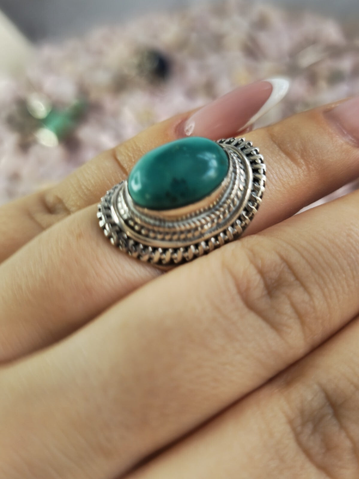 Vintage Like Sterling Silver Dress Cocktail Ring with Cabochon Turquoise size N+