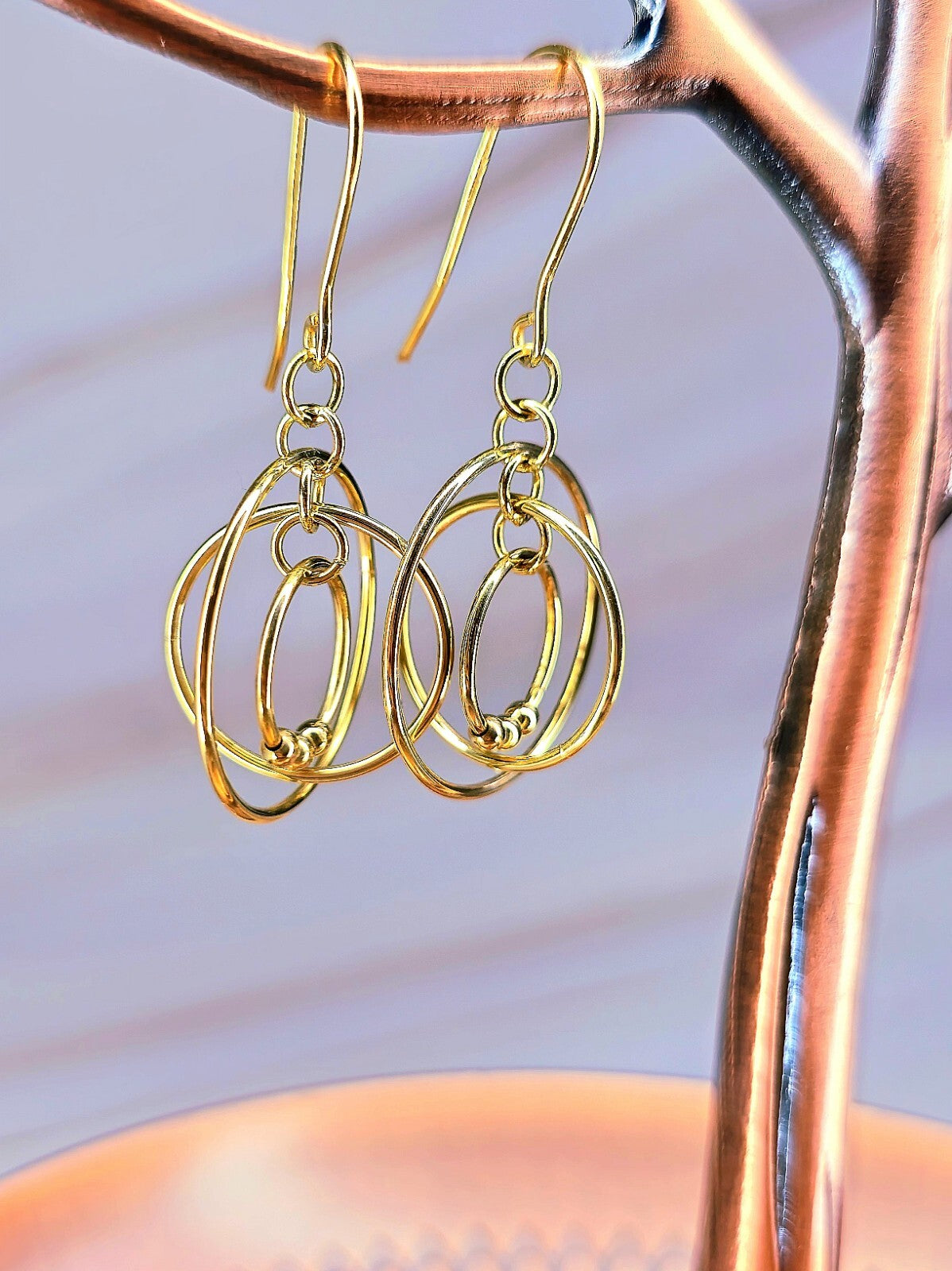 New Solid 9ct Yellow Gold Multi Circle Moving Dangling 3D Drop Earrings Hook