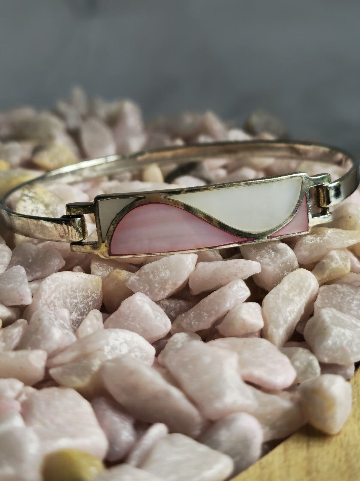 Lovely 925 Sterling Silver ID BANGLE Bracelet White and Pink 13g