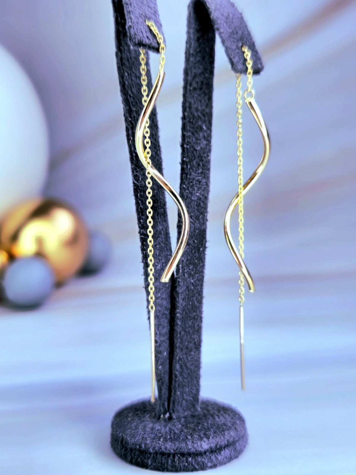 New 9ct Yellow Gold Twist Drop Earrings Squiggle Pull Through Wavy Chain 12.5cm