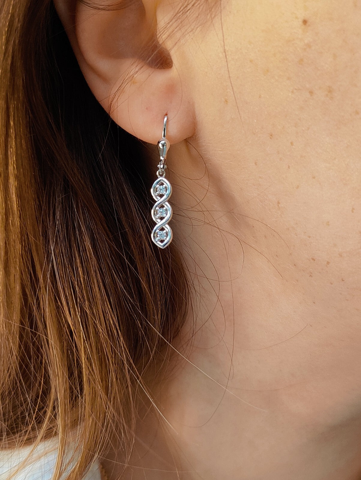 9ct White Gold triple Twist Drop Dangly Earrings with CZ Leverback Hallmarked