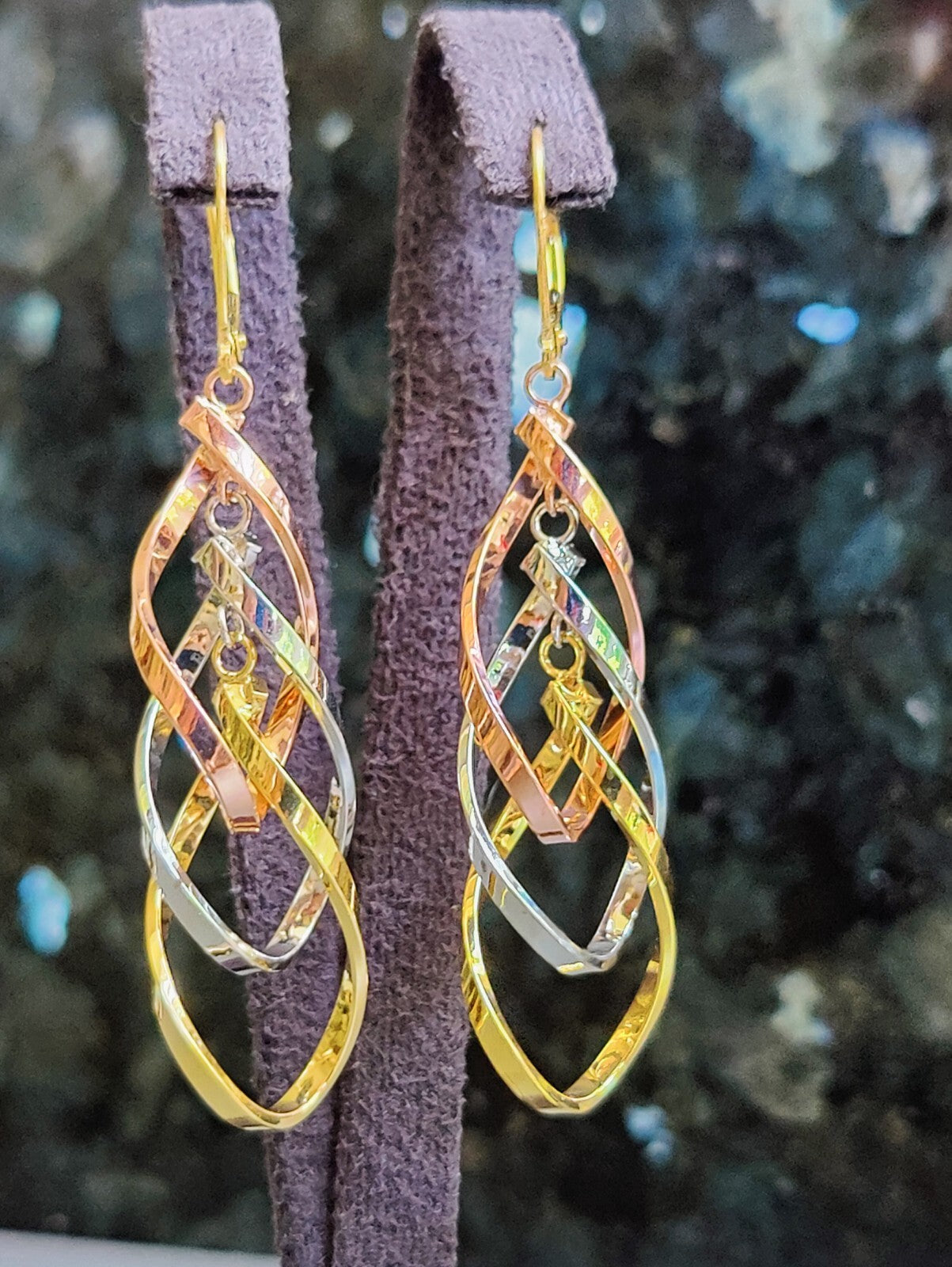 New 9ct Yellow/White/Rose Gold Triple Twist Drop Earrings Leverback Solid Gold