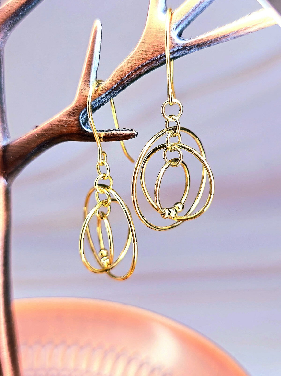 New Solid 9ct Yellow Gold Multi Circle Moving Dangling 3D Drop Earrings Hook