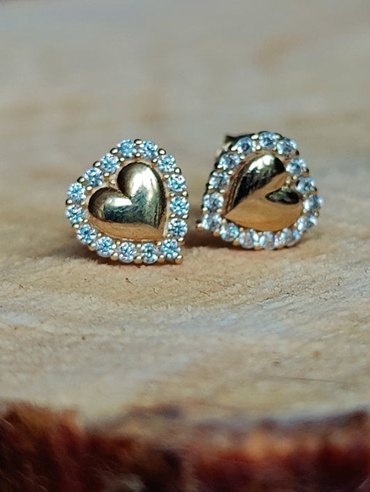 Solid 9ct Yellow Gold Stud Earrings Heart Shape Halo CZ Butterfly Fitting