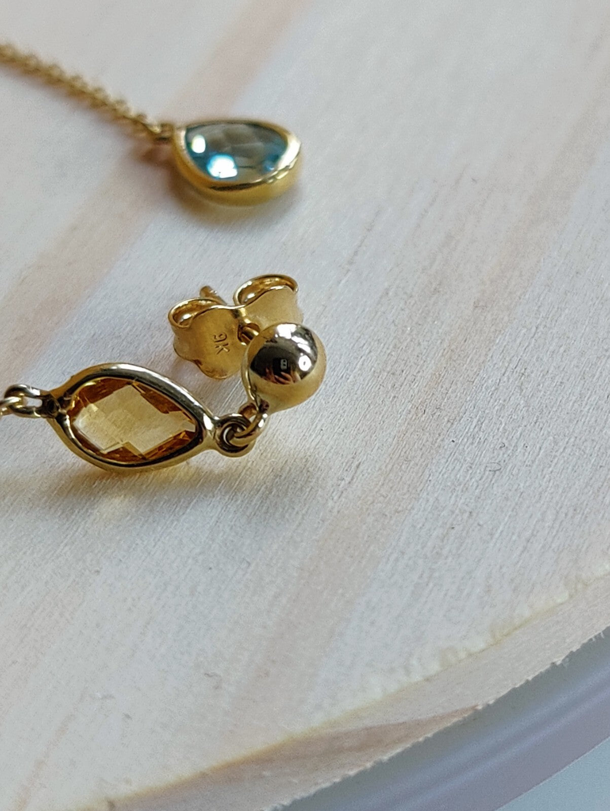 New 9ct Yellow Gold Drop Earrings Blue Topaz and Citrine Gemstones Hallmarked