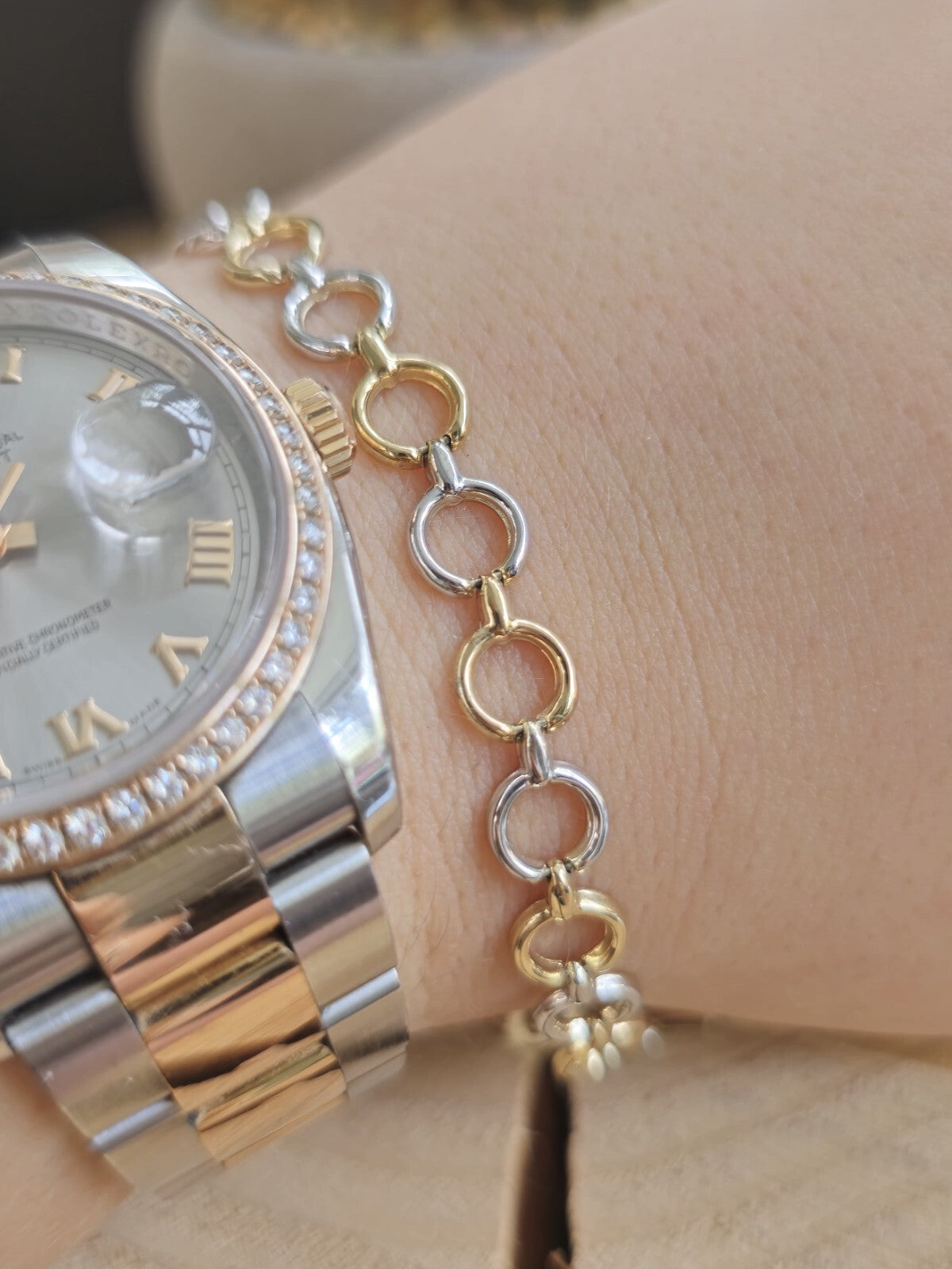 New Solid 9ct Yellow/White Gold Round Circles Chain BRACELET 7.5inc/19cm