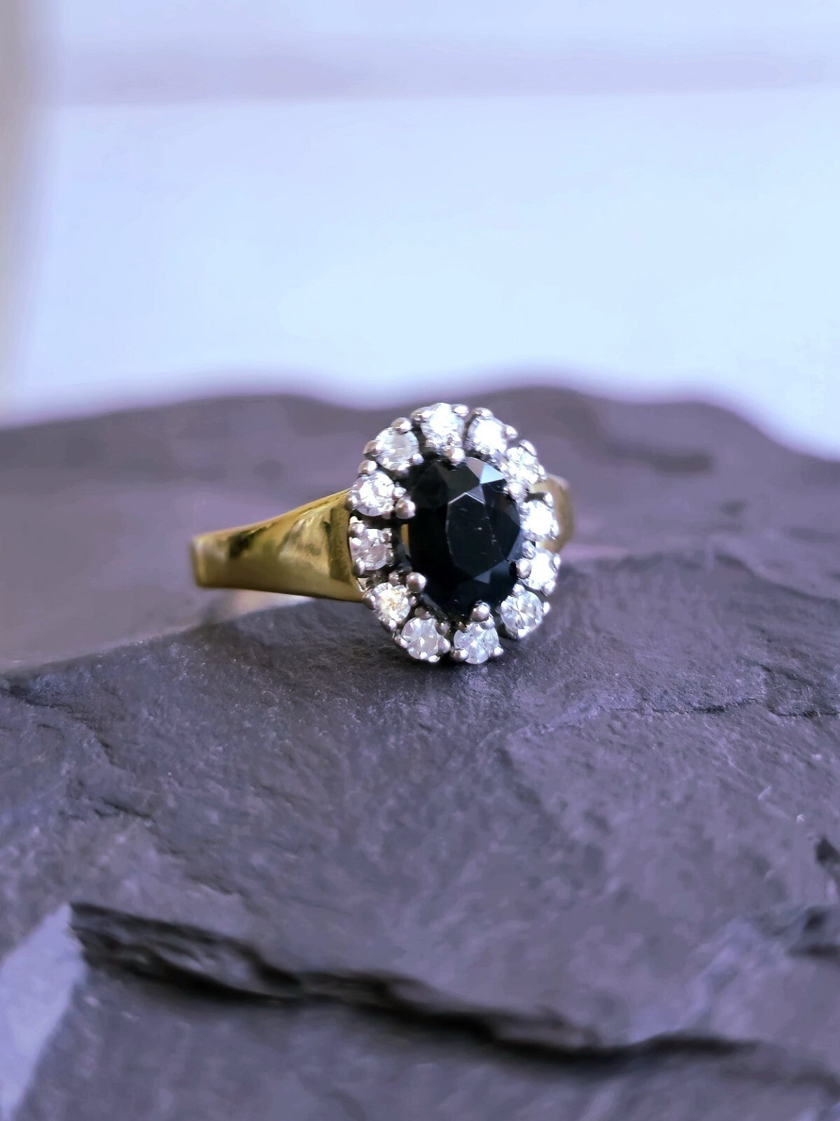 18ct Yellow Gold Sapphire/Diamond Ring Engagement Cocktail Diana Style size P+