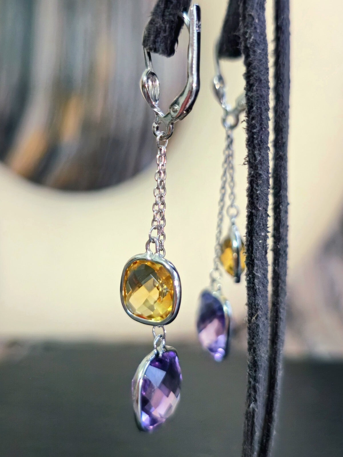 New 9ct White Gold Drop Earrings Amethyst and Citrine Big Stones Dangling Dress