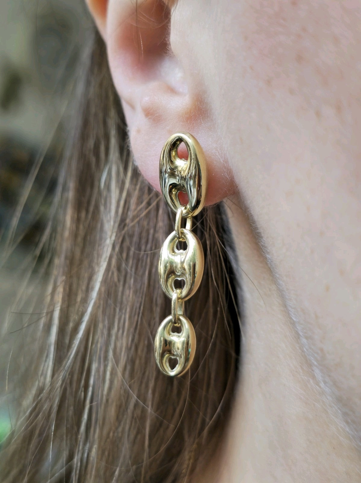 New 9ct Yellow Gold Puffed Graduated Bean Drop Earrings Anchor Chunky Drops 40mm