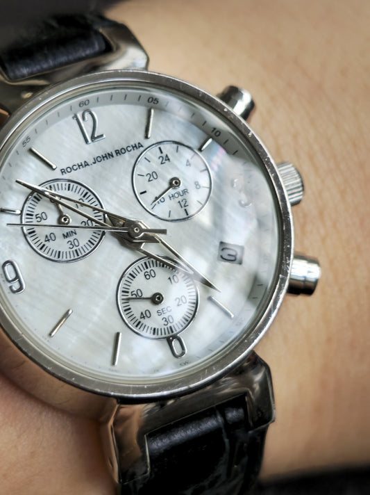 Beautiful Rocha John Rocha Watch Mother of Pearl Dial Leather Strap Chronograph