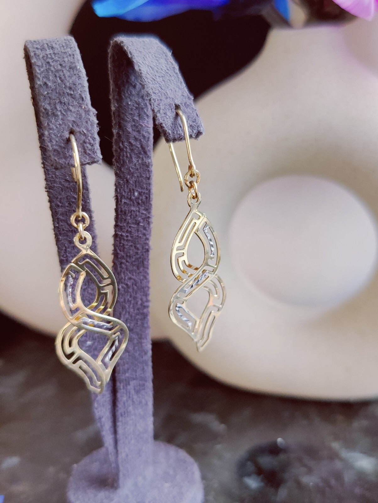 9ct Solid Yellow/White Long Drop Earrings Diamond Cut Eternity Motif Hook