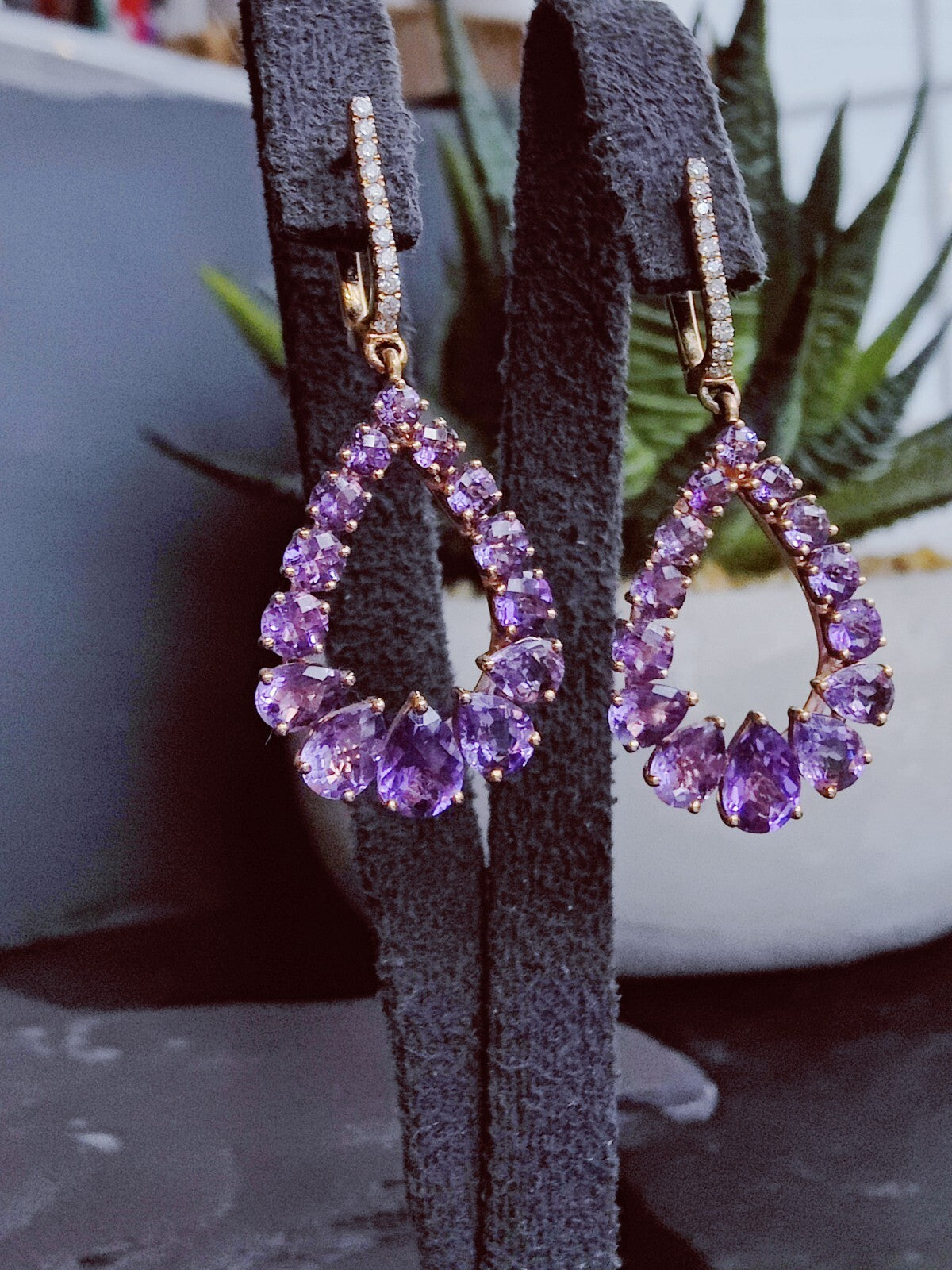 Solid 18K Rose Gold Amethyst & Diamond Drop Earrings Pear Shape Elegant