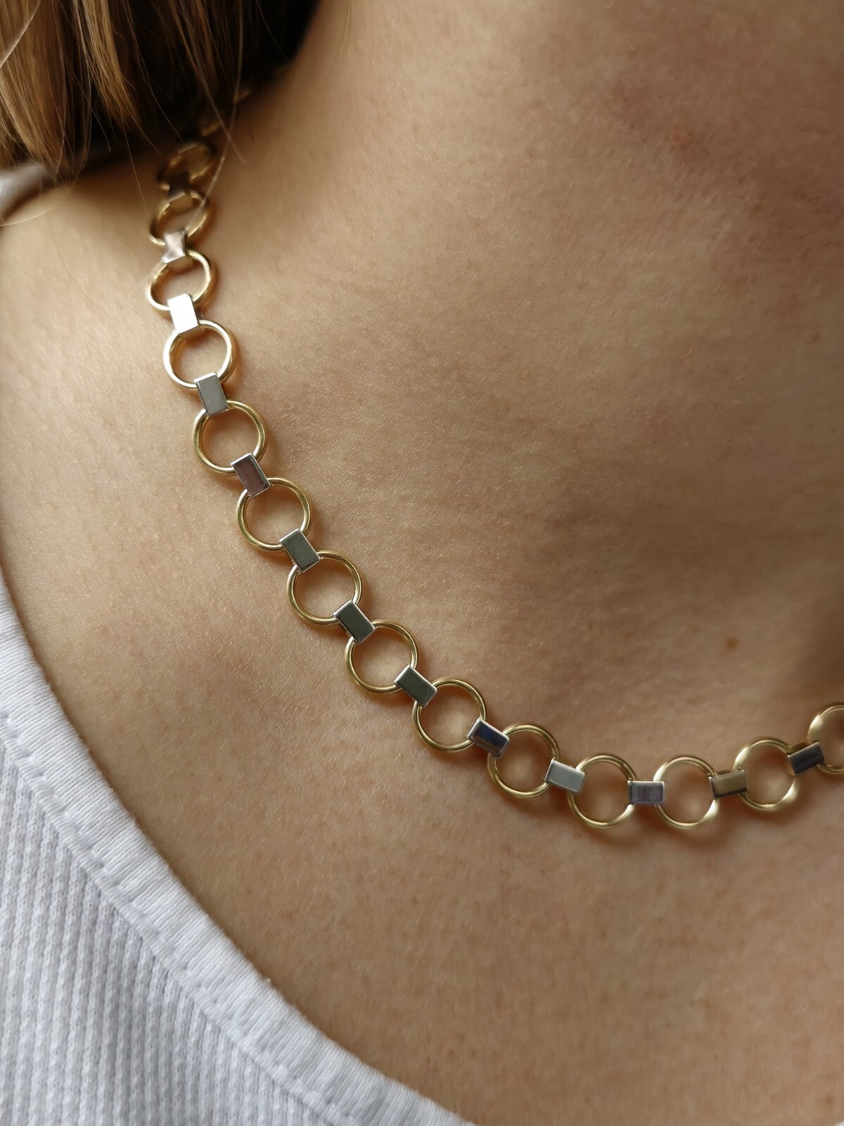 New Fancy 9ct Yellow/White Gold Necklace Collar Chocker Circles/Bars Lovely 11g