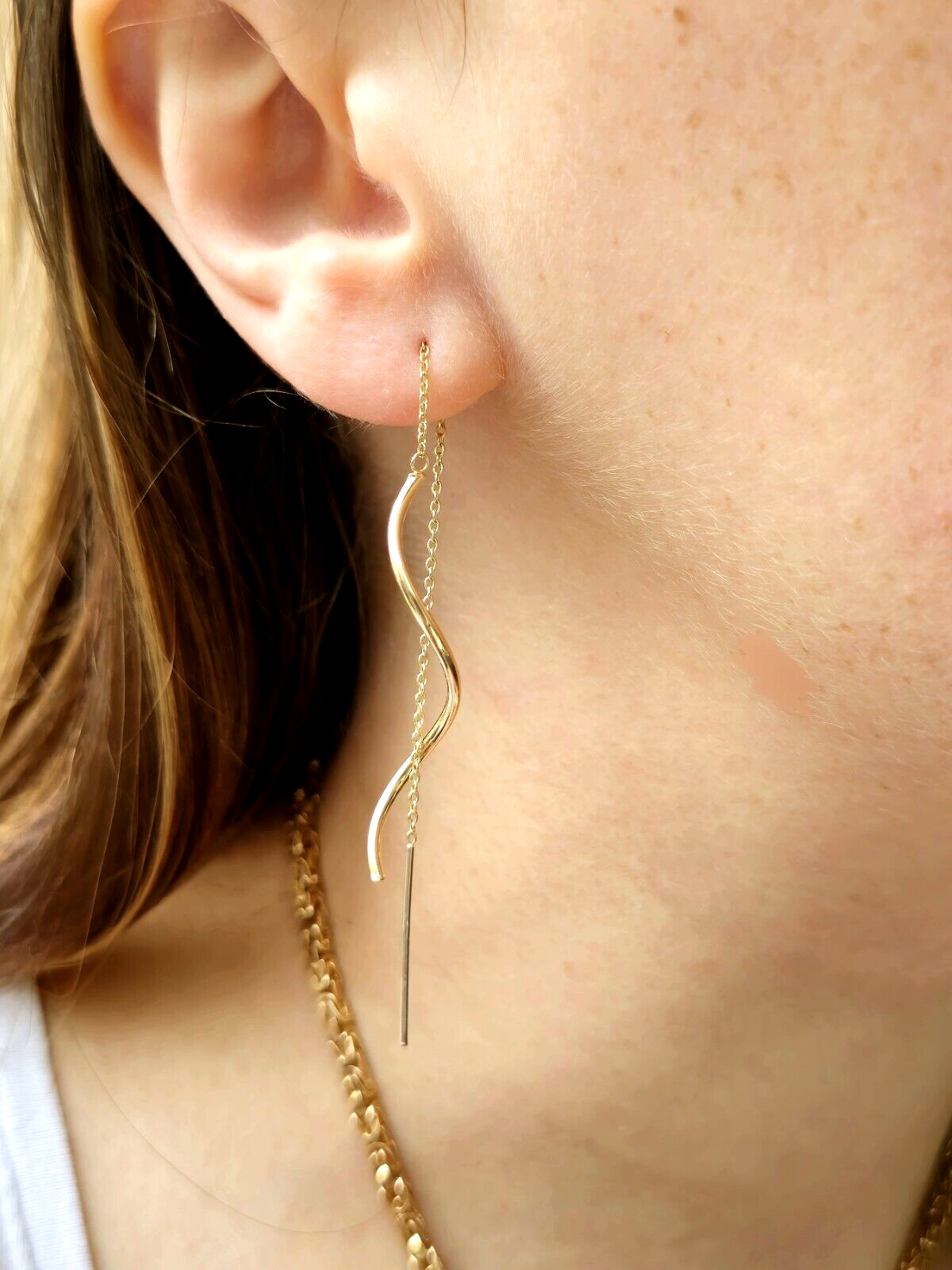 New 9ct Yellow Gold Twist Drop Earrings Squiggle Pull Through Wavy Chain 12.5cm