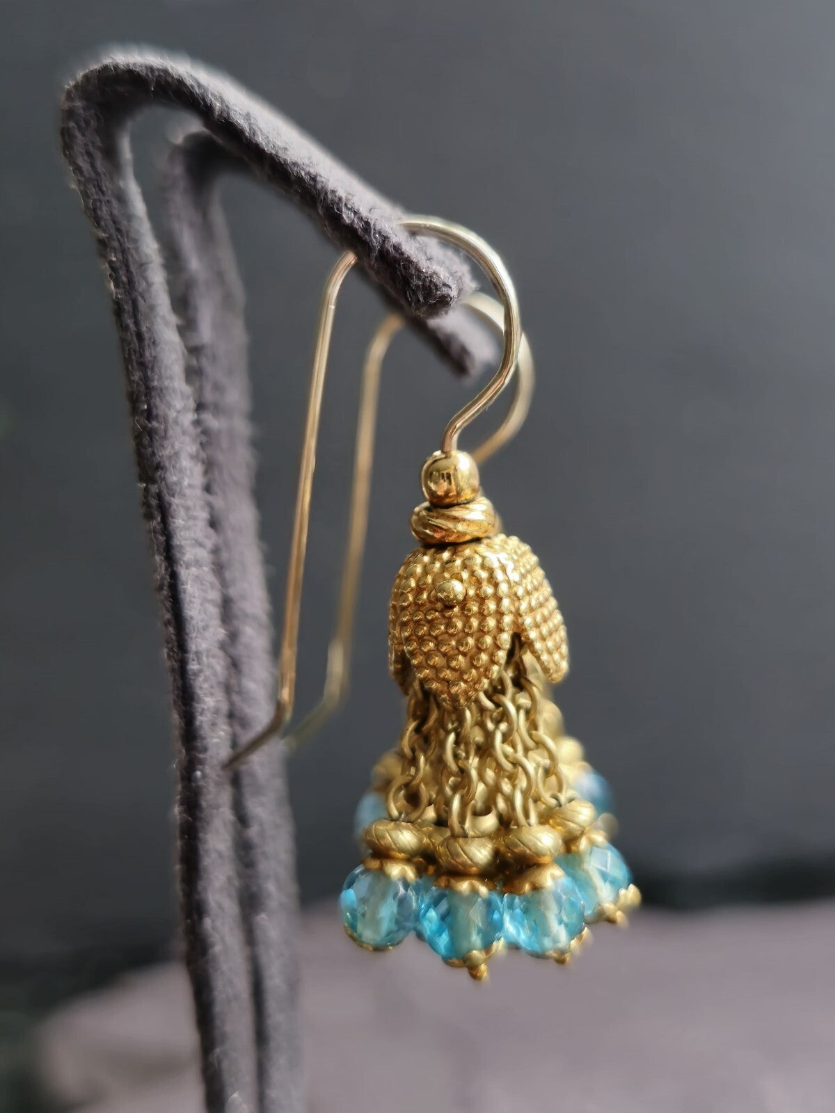Solid 18K Yellow Gold Blue Topaz Chandelier Dangle Drop Earrings Hook Indian