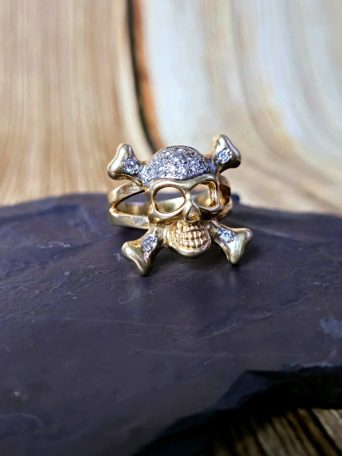Solid 9ct Yellow Gold Signet Ring big size: Z+1 Skull C/Z Skeleton Heavy Chunky