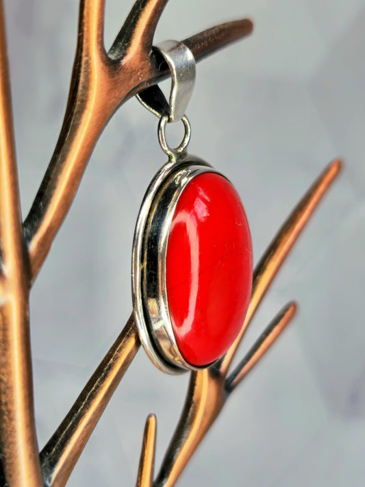 Vintage Big Oval Pendant Silver 925 with Red Stone Heavy Chunky 45mm x 24mm