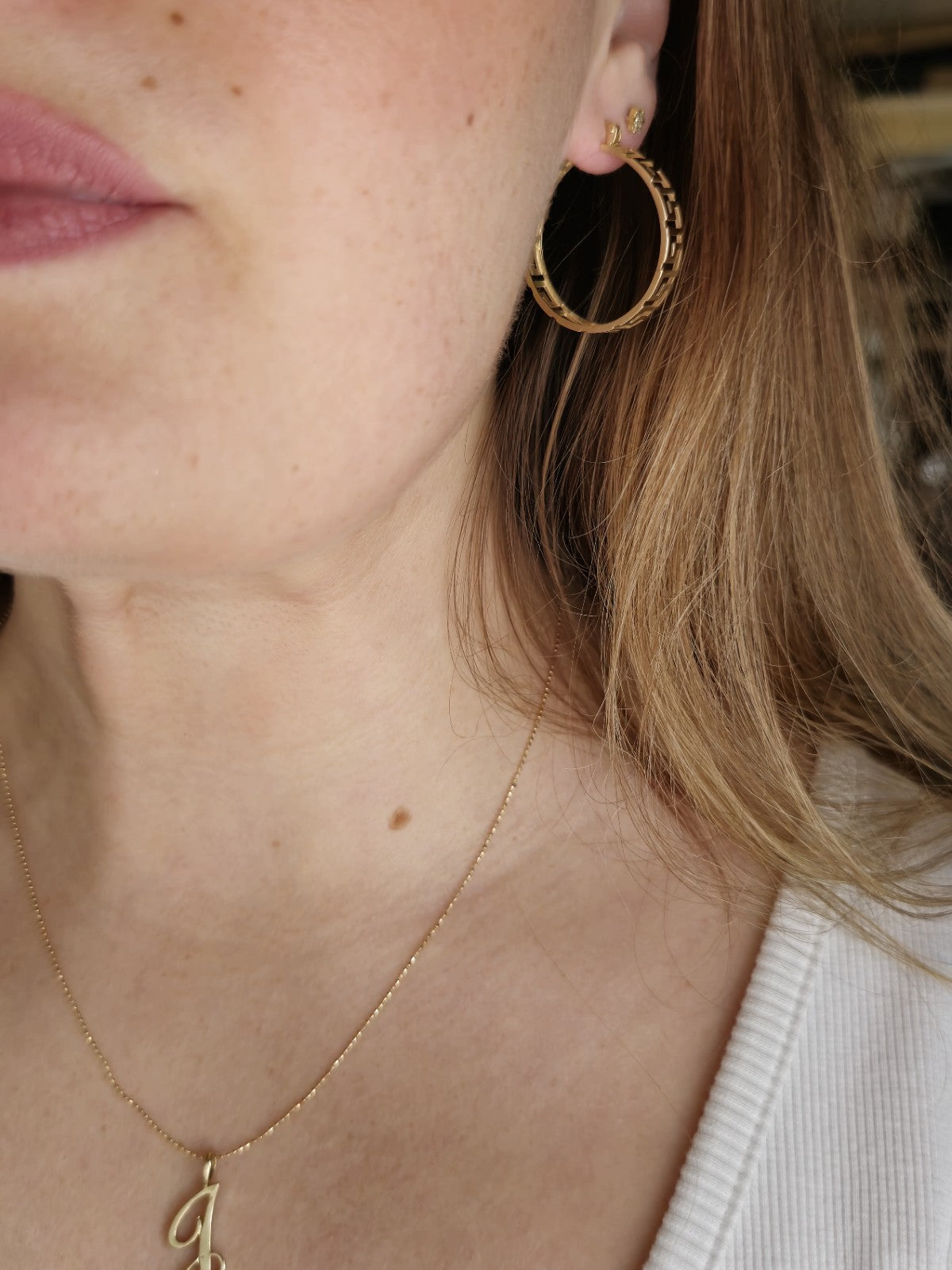 NEW 9ct Yellow Gold Solid Hoop Greek Key Earrings See Through Wide Hoops
