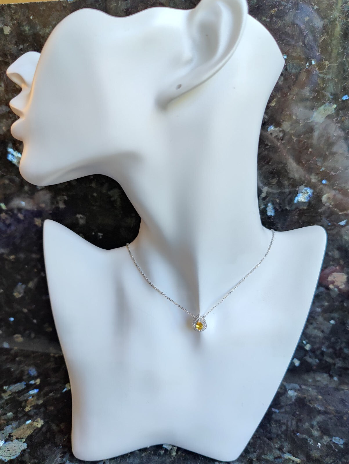 Beautiful Solid Silver Necklace with Yellow Pear CZ and White Halo, Hallmarked