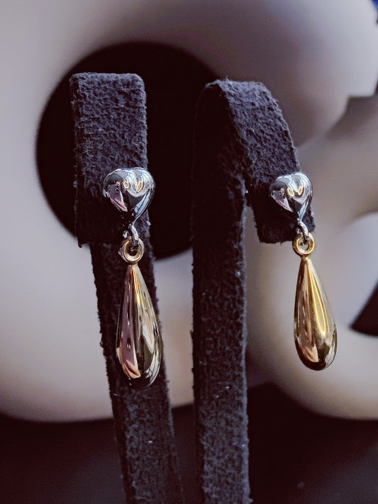 9ct Solid Yellow/White Gold Drop Earrings Studs Heart Hollow 24mm Long