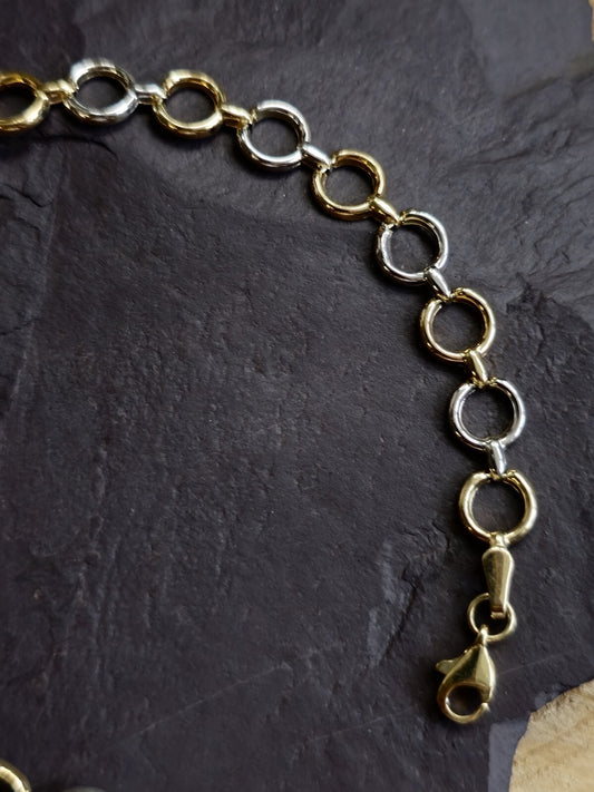 New Solid 9ct Yellow/White Gold Round Circles Chain BRACELET 7.5inc/19cm