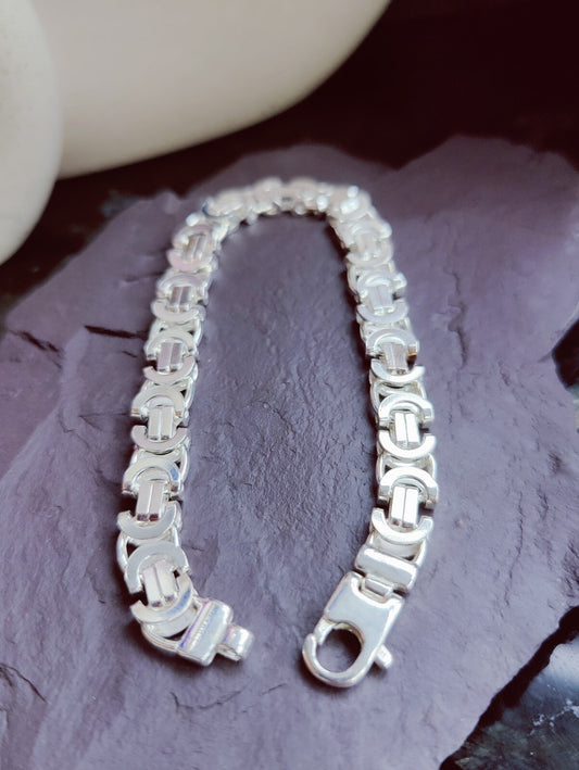 925 Sterling Silver Chunky Heavy Mens Chain Bracelet 26grams Flat Byzantine 8mm