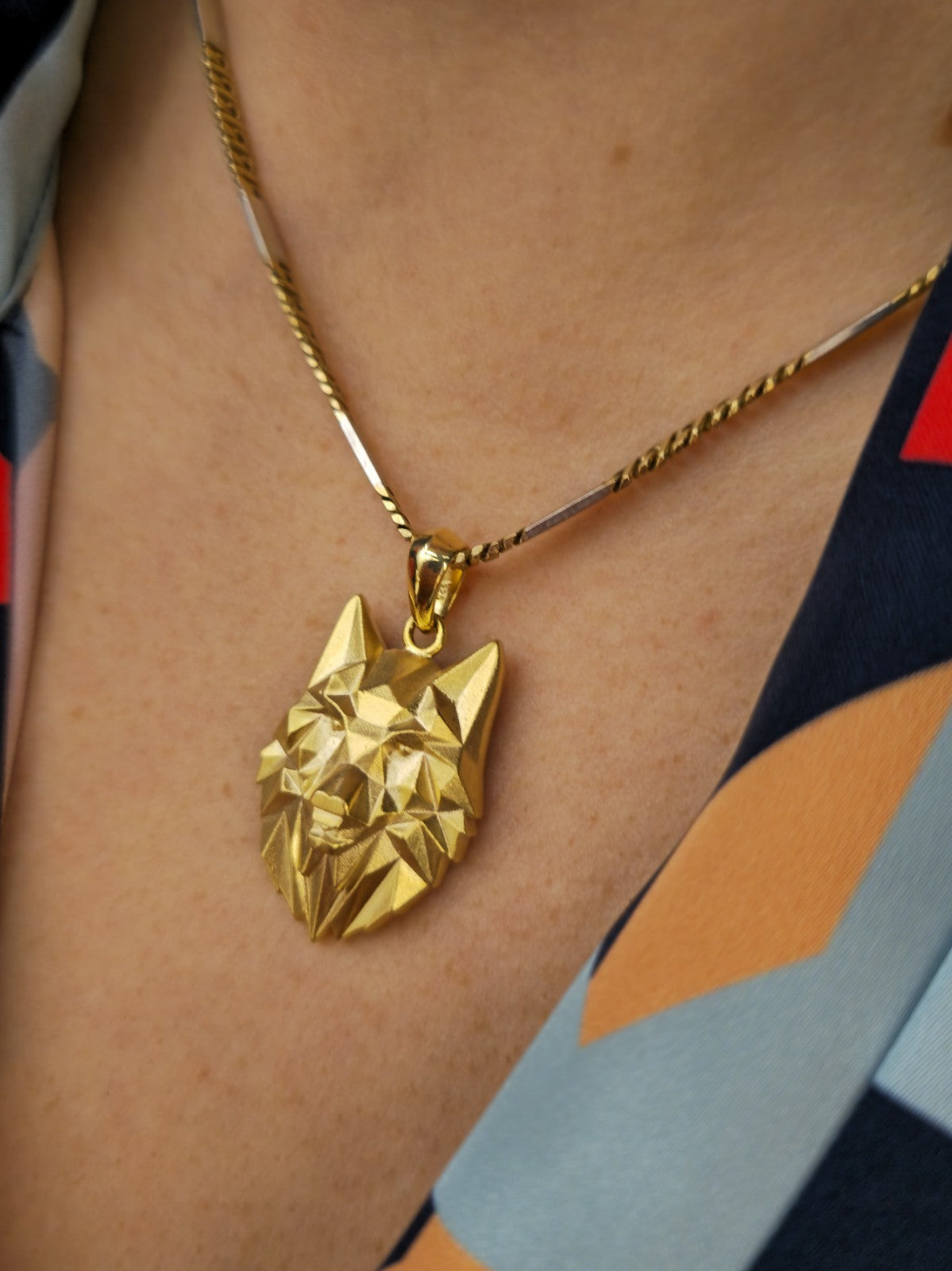 New Sterling Silver (925) Gold Plated Wolf Head Pendant 3D Geometrical Shape