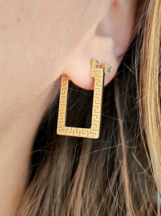 NEW 9ct Yellow Gold Greek Key Hoop Earrings Square Hoops Hallmarked