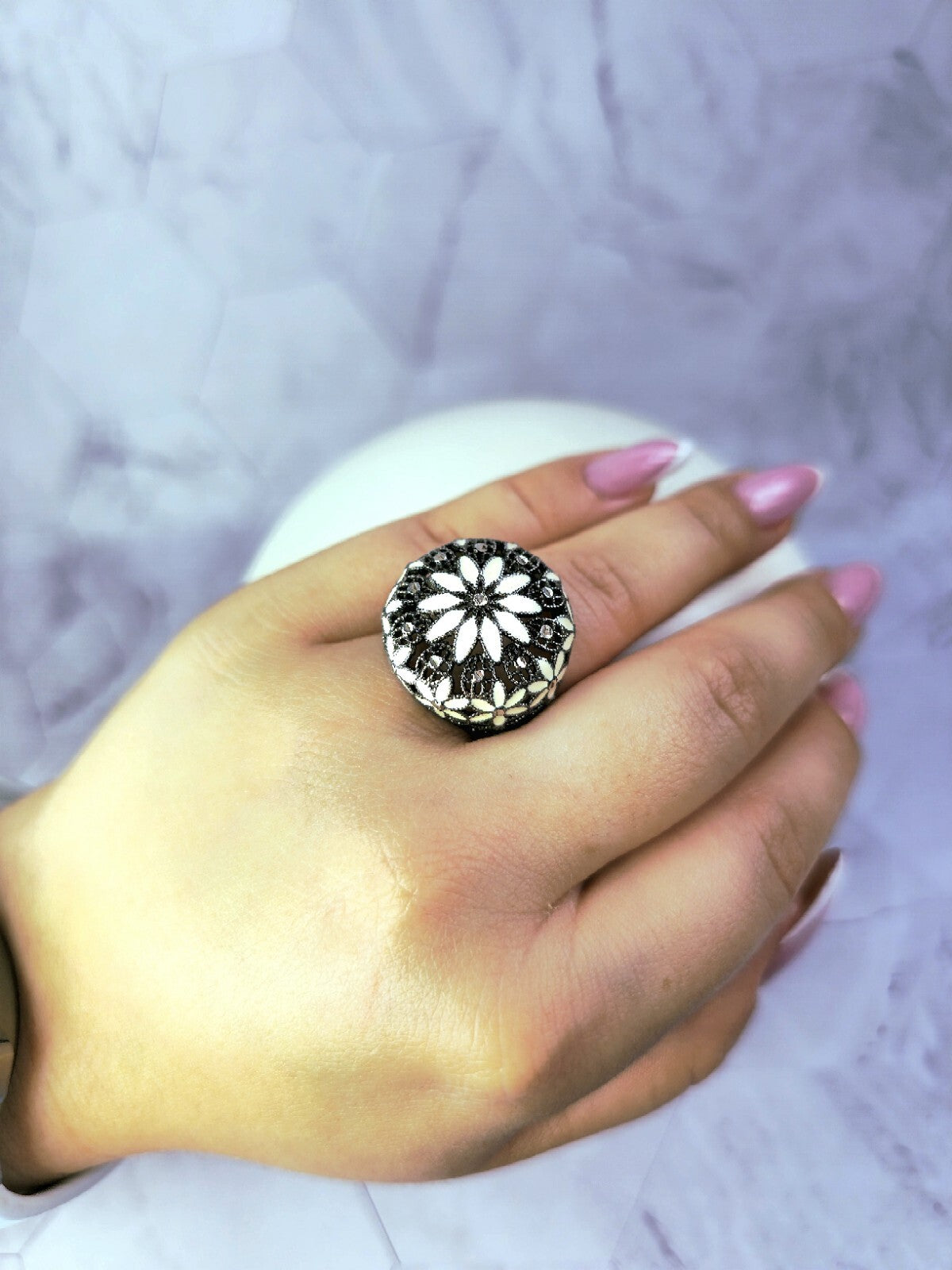 Sterling Silver 925 Ring Art Decor Oxidised Enamel Dress Cocktail, size O+ Black