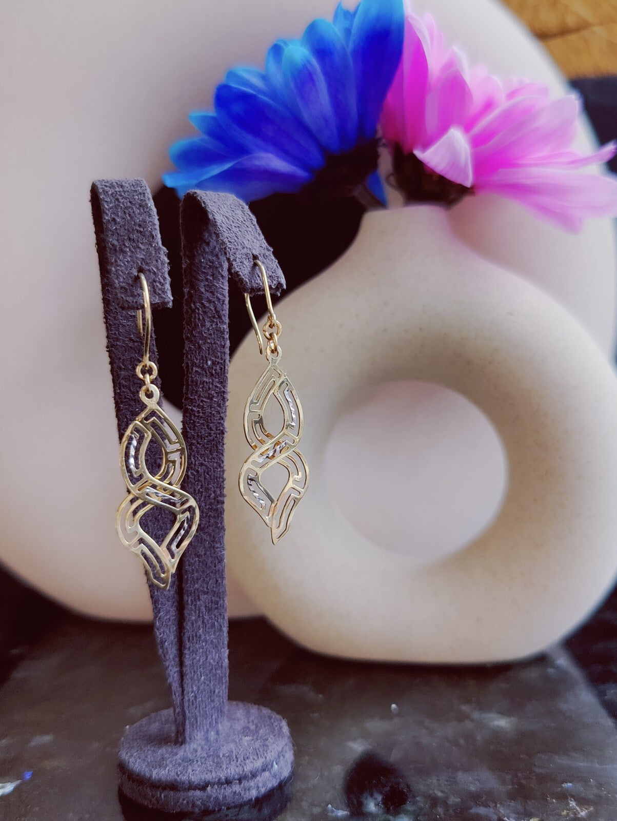 9ct Solid Yellow/White Long Drop Earrings Diamond Cut Eternity Motif Hook