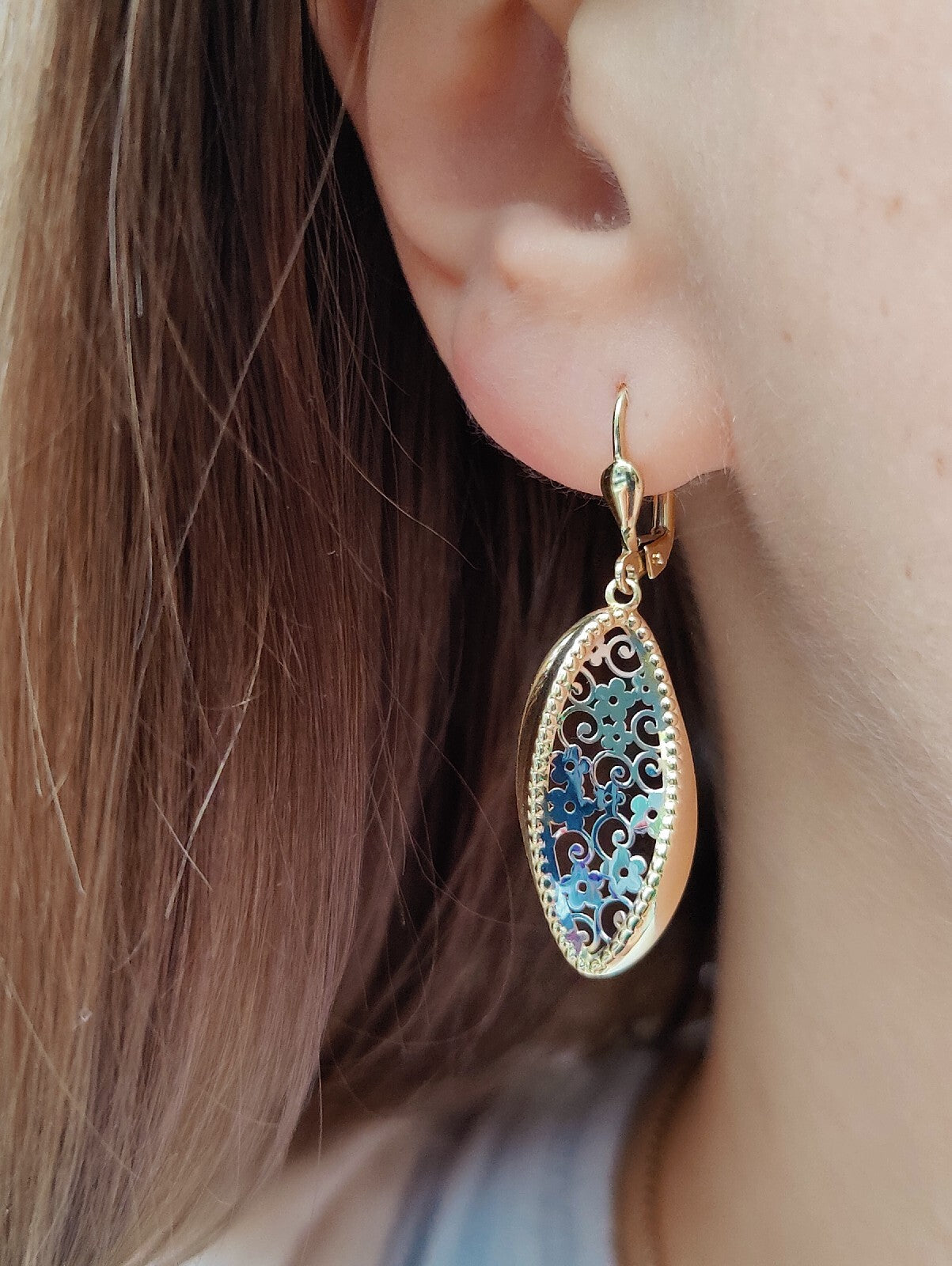 New Drop Earrings 9ct Yellow/White Gold Leverback Hallmarked Floral Pattern