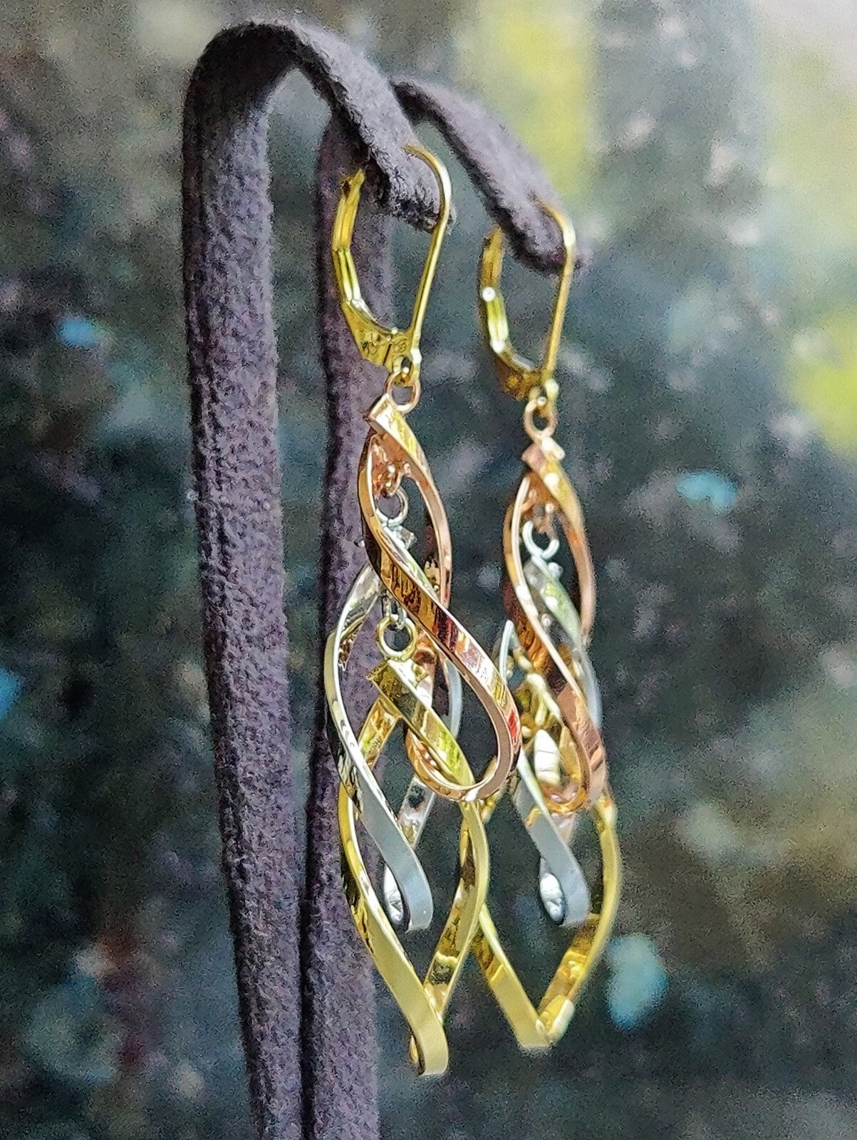 New 9ct Yellow/White/Rose Gold Triple Twist Drop Earrings Leverback Solid Gold