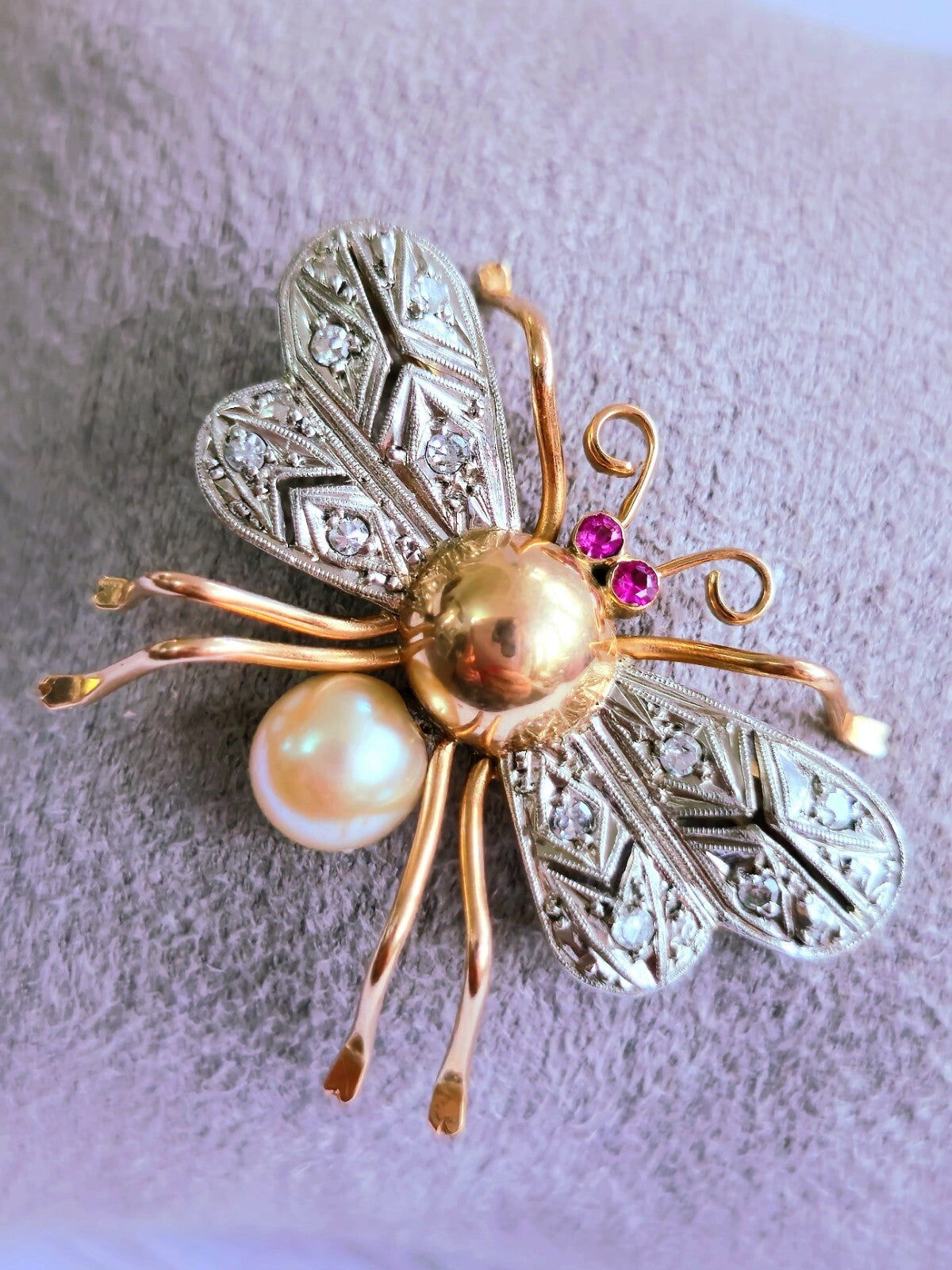 18K Rose Gold & Platinum Antique Victorian Diamonds Ruby & Pearl Bee Brooch Bug