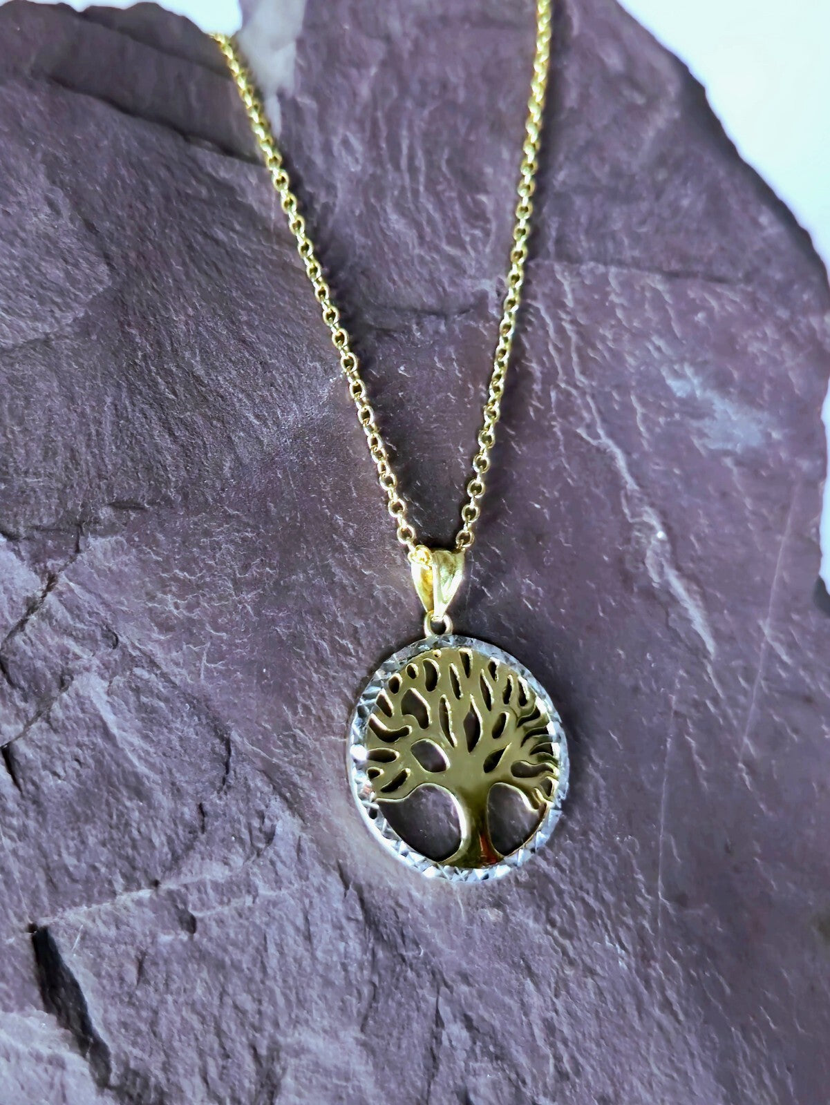Beautiful Solid 9k Yellow/White Gold Pendant Tree of Life Diamond Cut 19mm NEW
