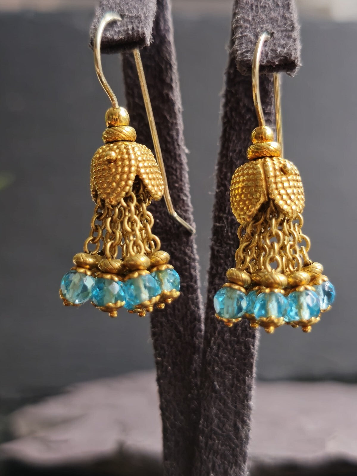 Solid 18K Yellow Gold Blue Topaz Chandelier Dangle Drop Earrings Hook Indian