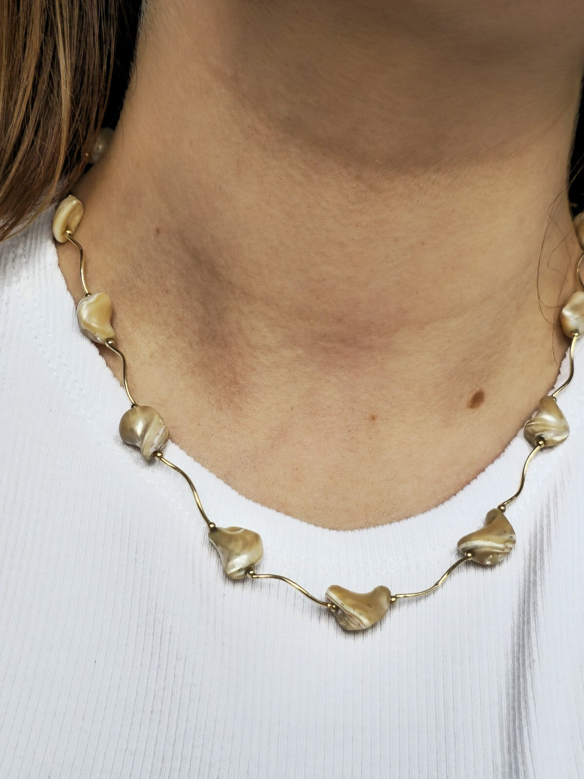 9K Yellow Gold Bars And Natural Baroque Pearls 18inch Necklace 16.5grams